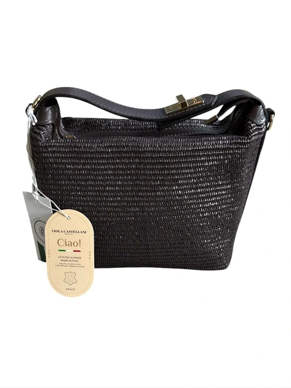 Viola Castellani Ciao Woven Straw Brown Satchel Leather Bag